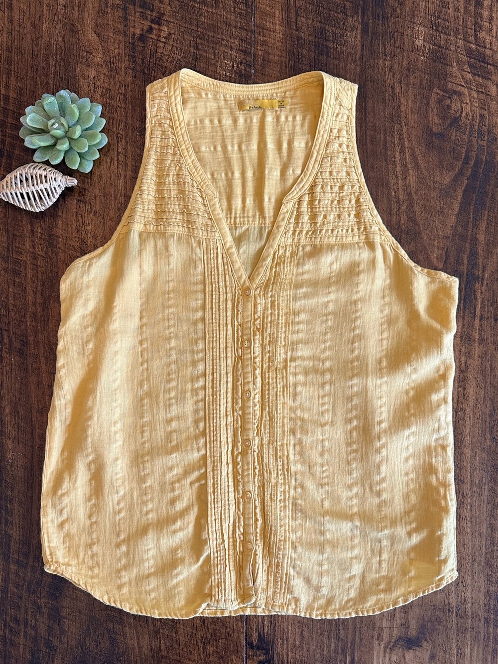 PrAna | Boho Yellow Textured Pintuck Sleeveless Tank Top, Size L